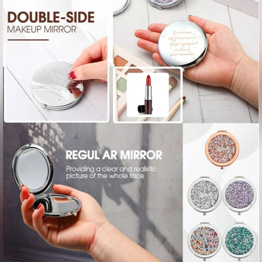 Compact Makeup Double Sided Mirror w/ Inspirational Quote & Bling - Picture 3 of 5